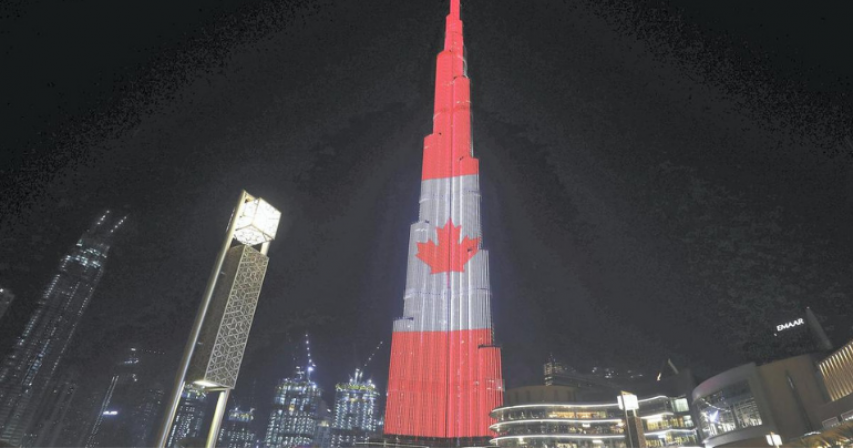 Dubai's Burj Khalifa lights up in red and white for Canada Day
