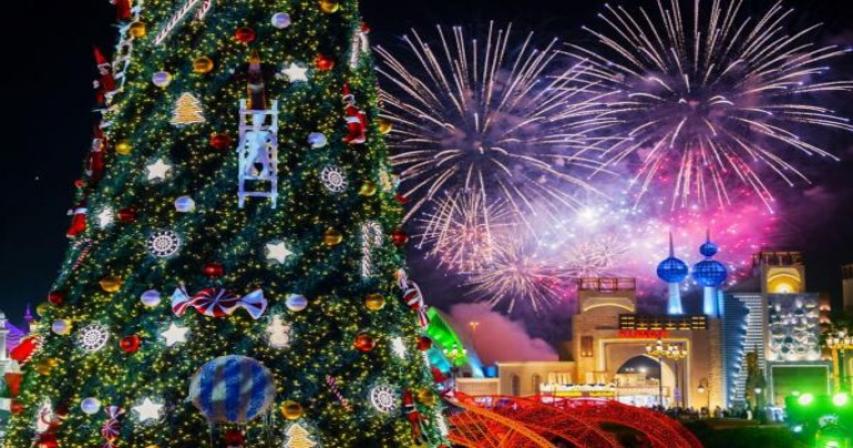 Global Village lights its famous 21-metre-high festive tree